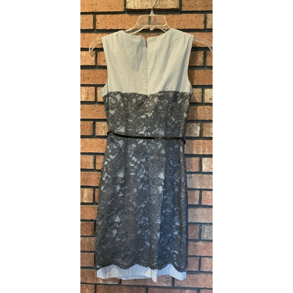 Maggy London Womens Sleeveless Lace Gray Striped Belted Dress Knee Length Size 8 - Picture 4 of 4
